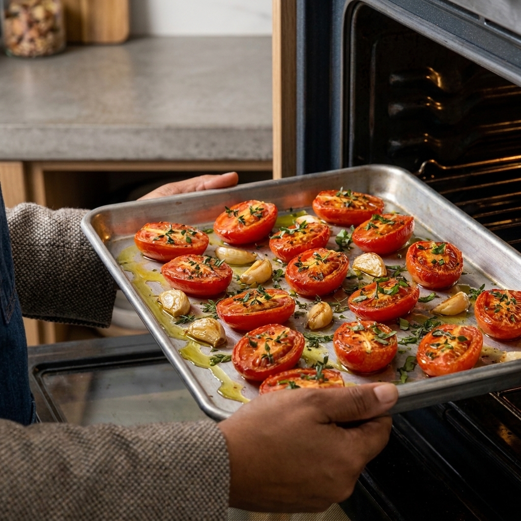 Halved tomatoes and garlic cloves roasting on a sheet pan with olive oil and herbs