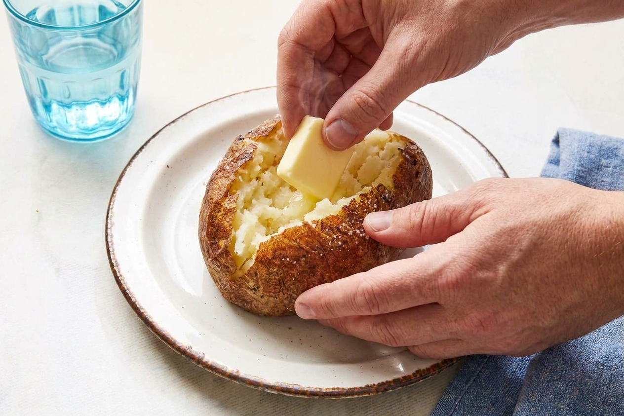 Hands adding a pat of butter to a split baked potato on a dinner plate at a kitchen table