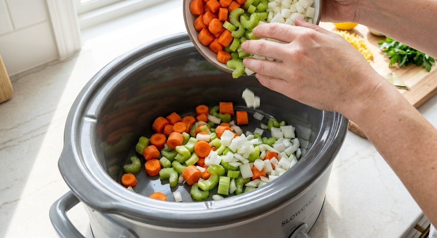 Hands adding sliced carrots, celery, and diced onion into a slow cooker crock on a kitchen counter