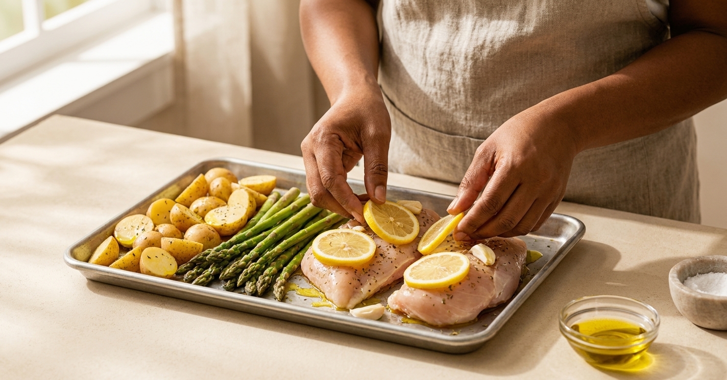 Hands arranging lemon slices and garlic over chicken breasts on a sheet pan before roasting