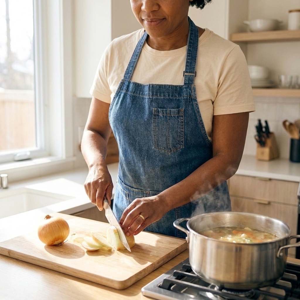 Hands chopping a yellow onion on a cutting board next to a stove with a pot gently simmering in the background
