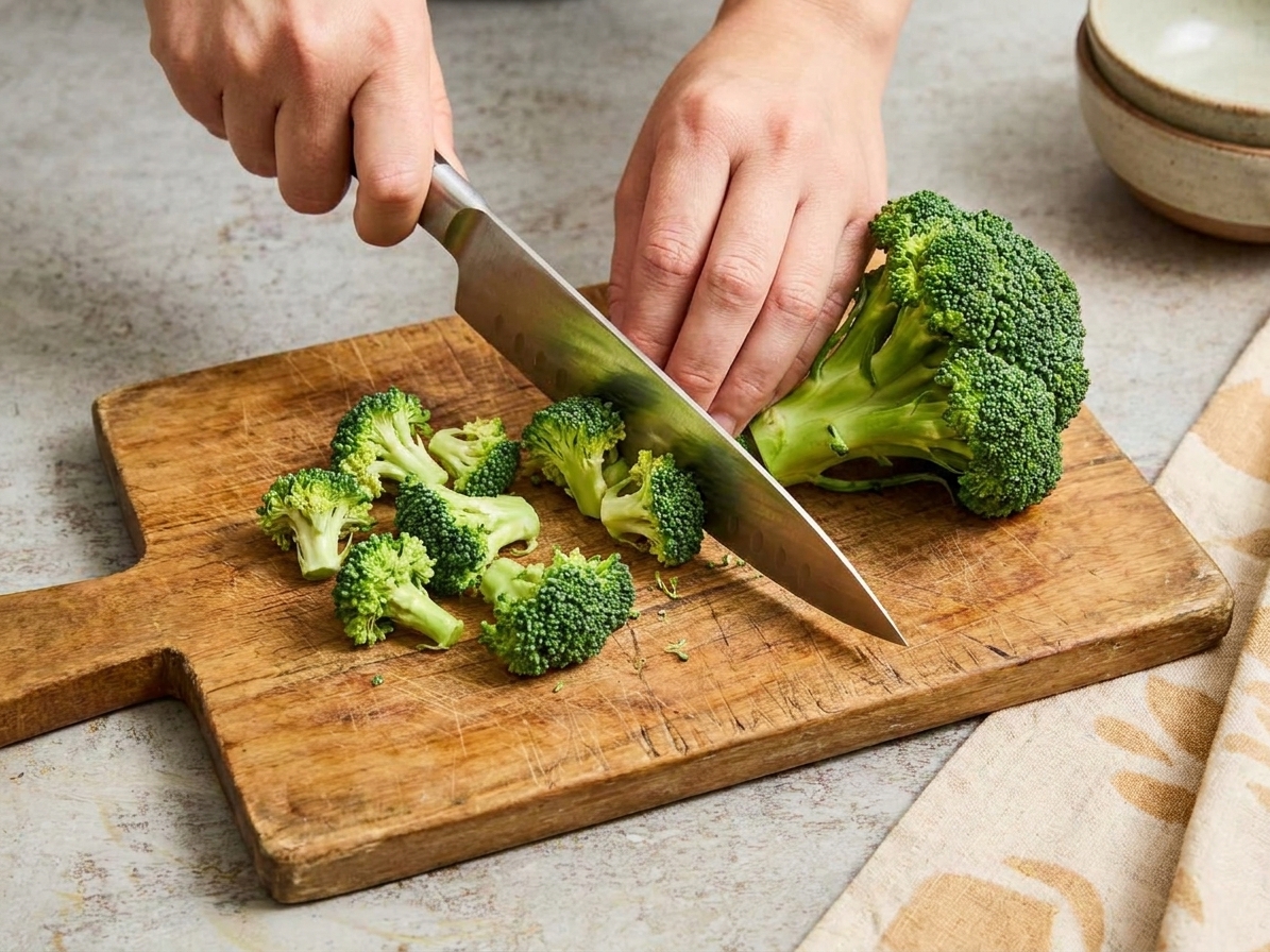Hands chopping broccoli into small florets on a wooden cutting board with a chef's knife