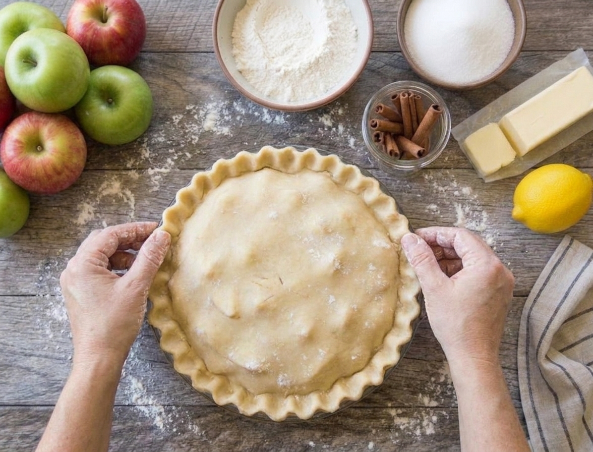 Hands crimping the edge of a double-crust apple pie in a pie dish on a floured counter