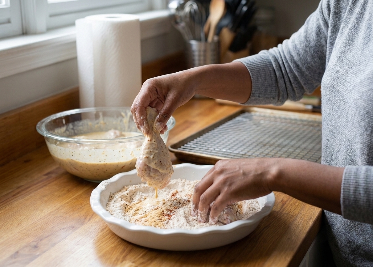 Hands double dredging a piece of chicken in a shallow dish of seasoned flour on a kitchen counter