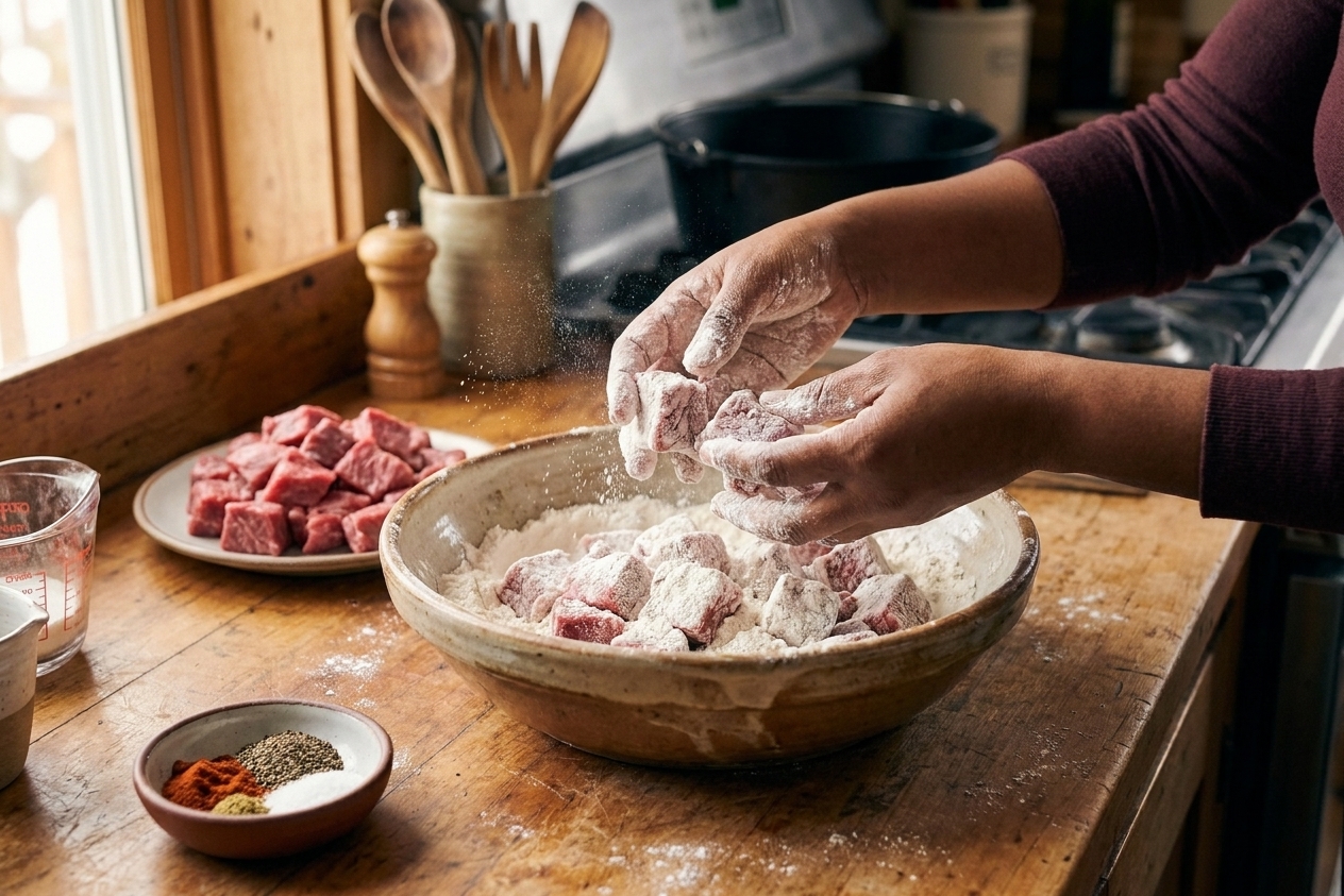 Hands dredging beef stew meat cubes in a bowl of flour on a kitchen counter