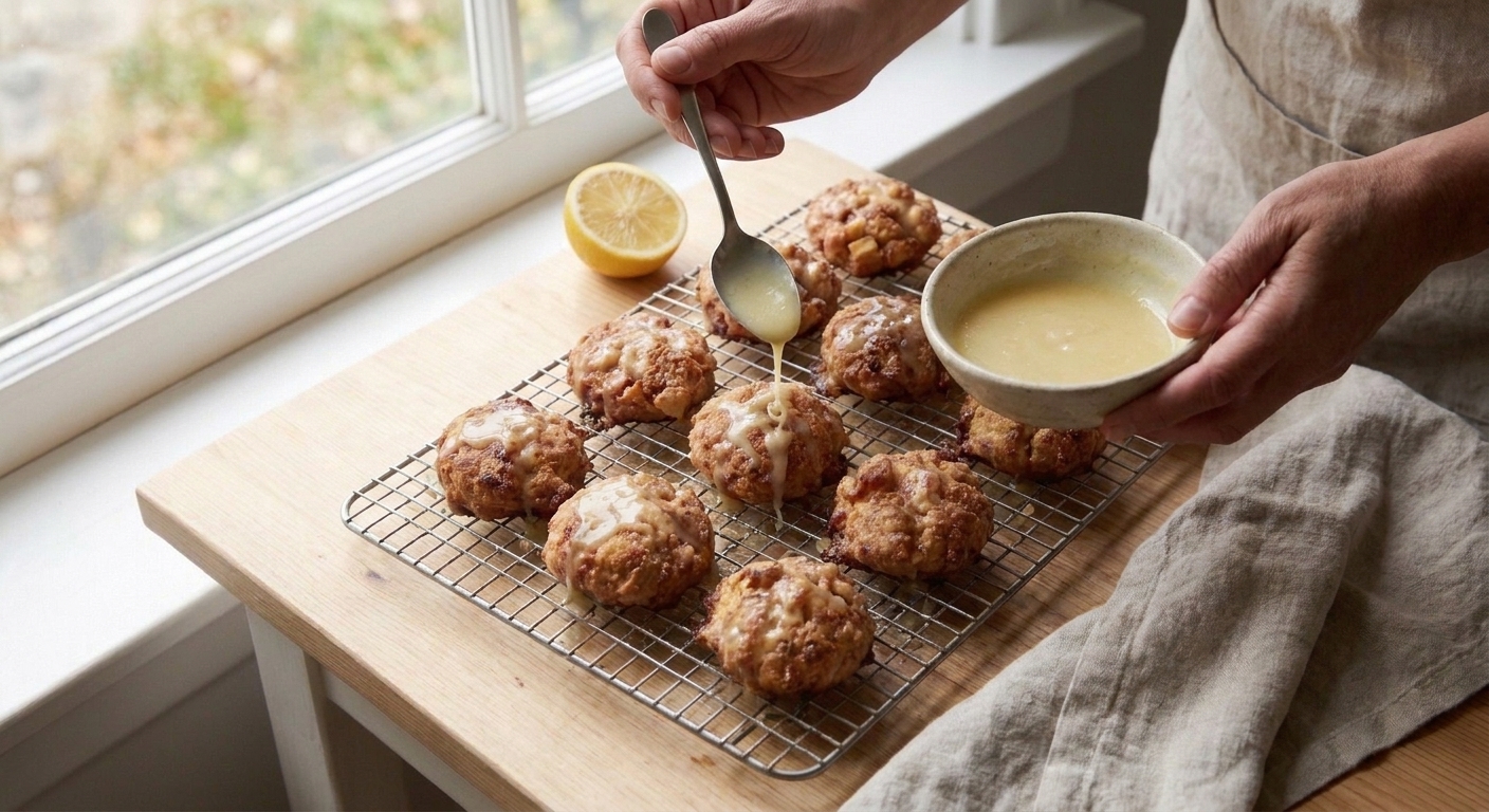 Hands drizzling lemon glaze over warm baked apple fritters on a cooling rack on a kitchen counter