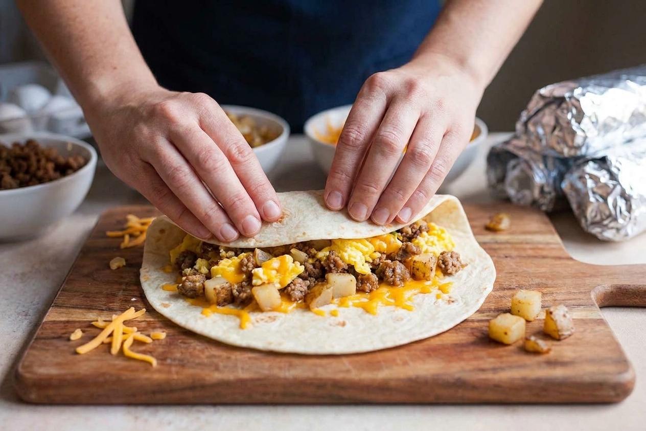 Hands folding the sides of a large flour tortilla and rolling a breakfast burrito tightly on a wooden cutting board