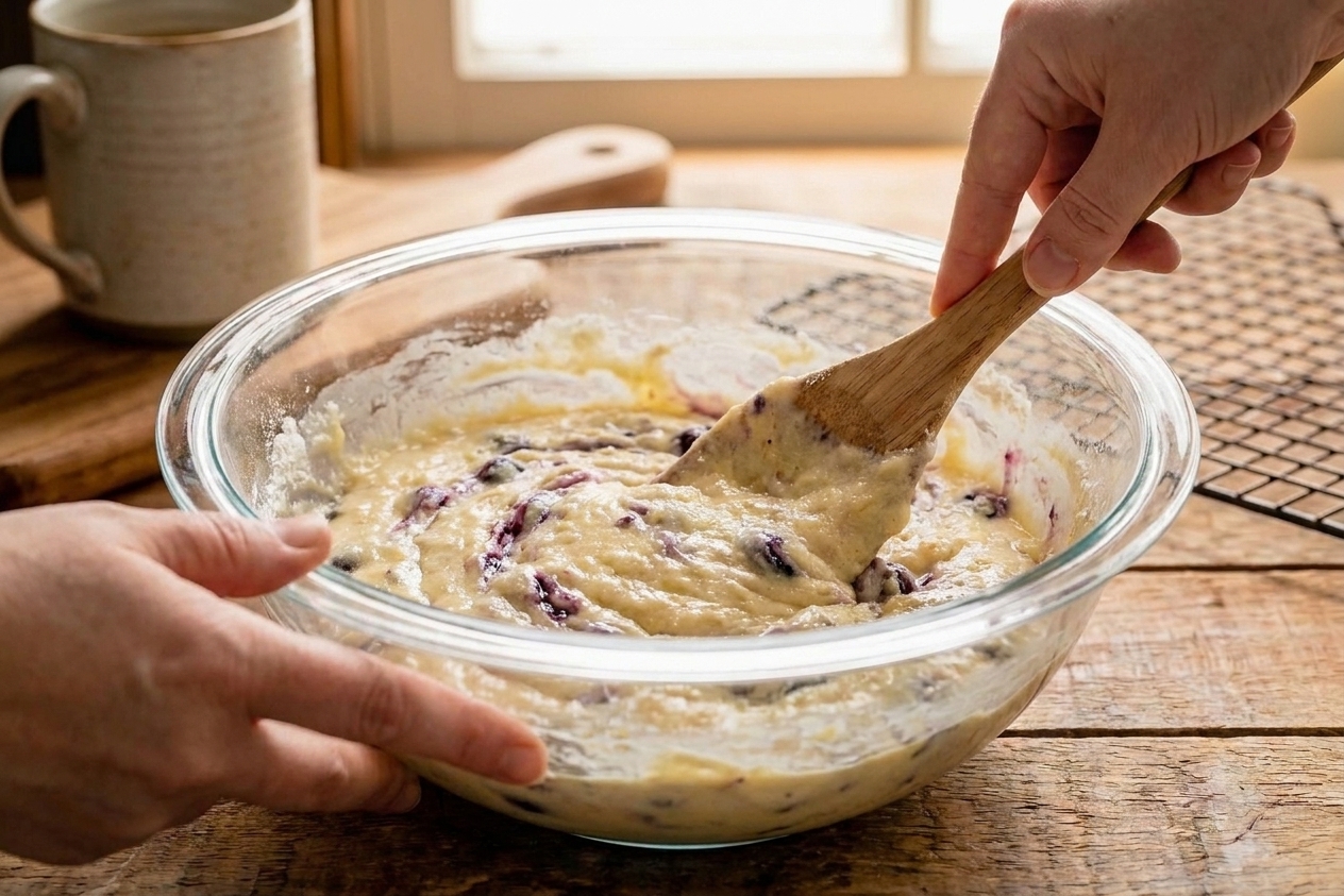 Hands gently folding muffin batter in a glass mixing bowl with a spatula on a kitchen counter