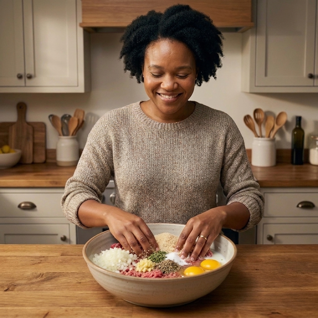 Hands gently mixing ground beef with soaked breadcrumbs, grated onion, garlic, eggs, and seasonings in a large bowl