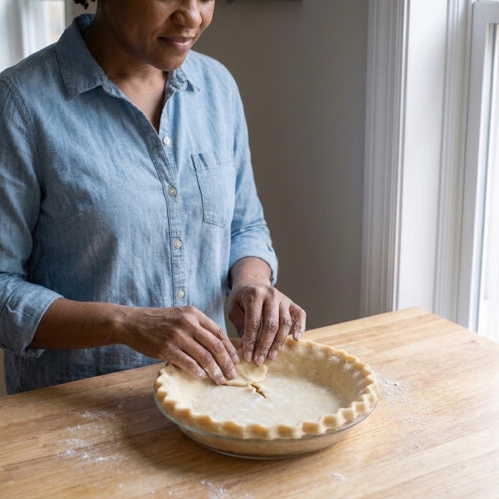 Hands gently patching a small tear in rolled pie dough inside a pie plate