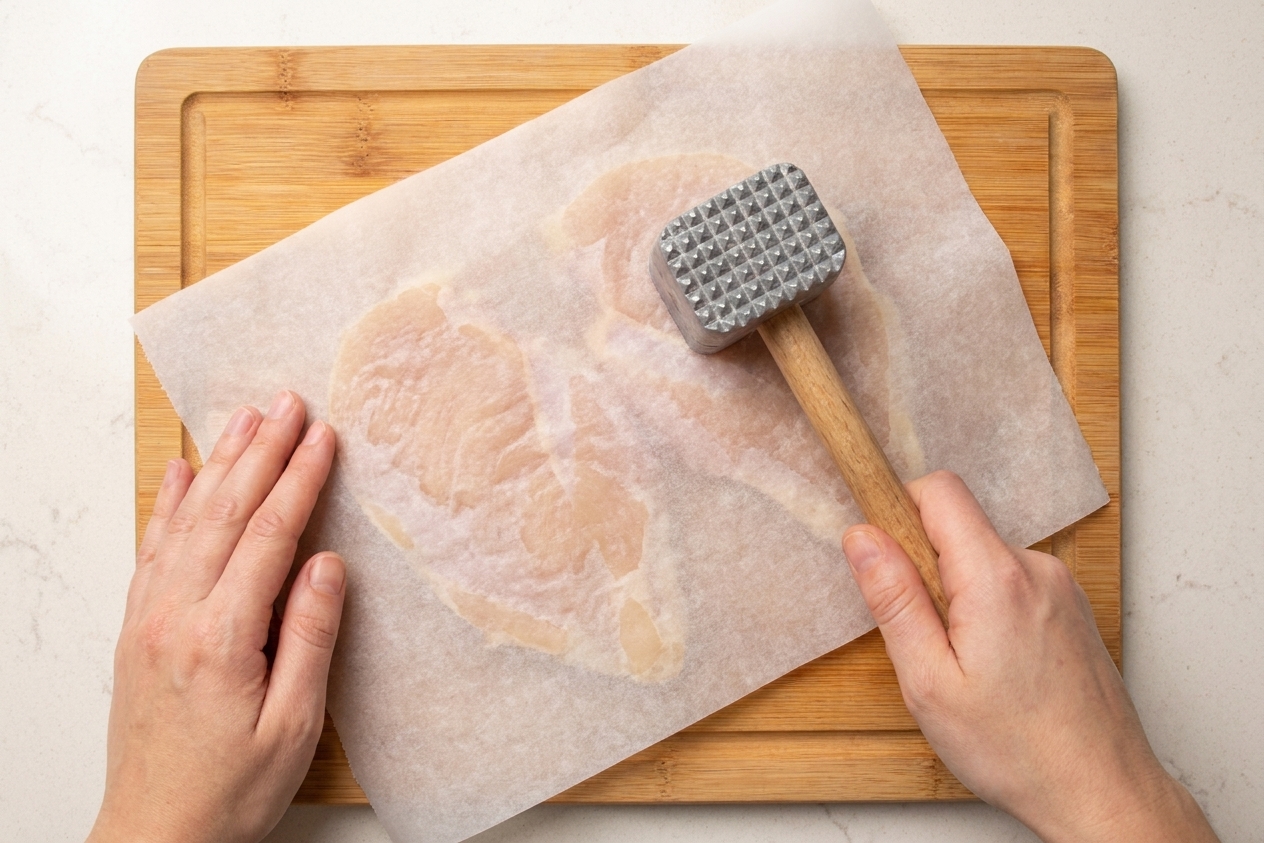 Hands gently pounding chicken breasts to an even thickness under parchment paper on a wooden cutting board