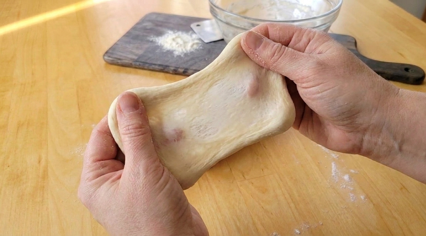Hands gently stretching bread dough into a thin sheet to check gluten development