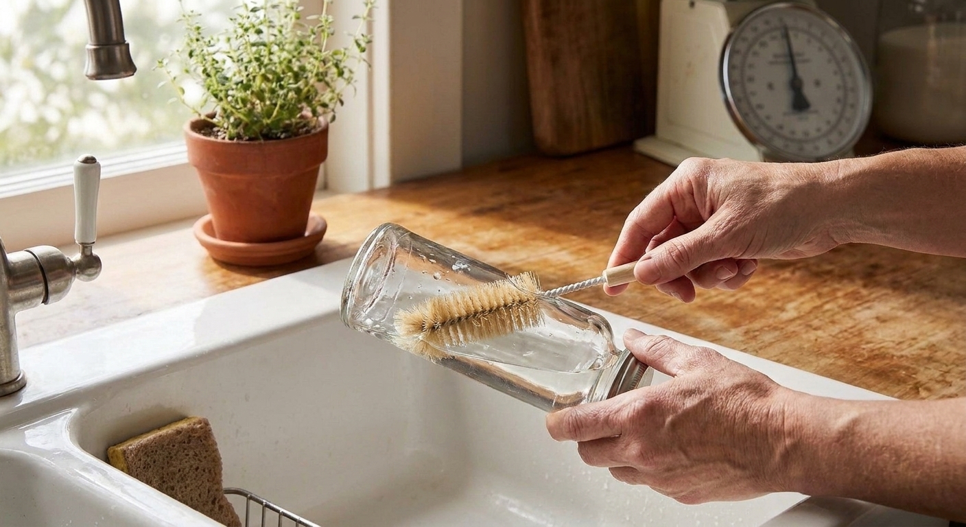 Hands holding a hummingbird feeder over a kitchen sink while scrubbing the reservoir with a small bottle brush
