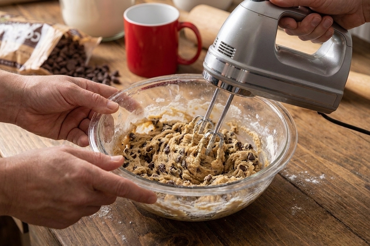 Hands holding a mixer over a glass bowl of chocolate chip cookie dough on a kitchen counter