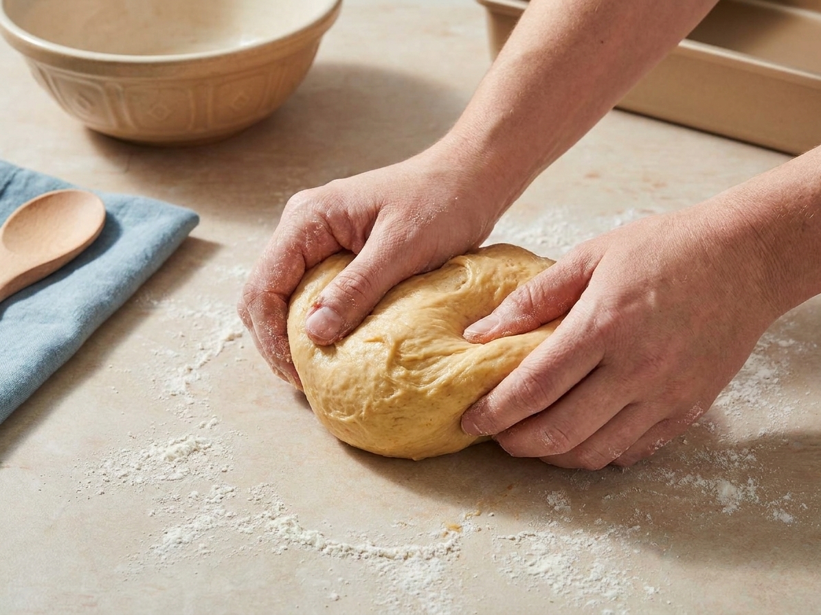 Hands kneading a soft enriched dough on a lightly floured countertop