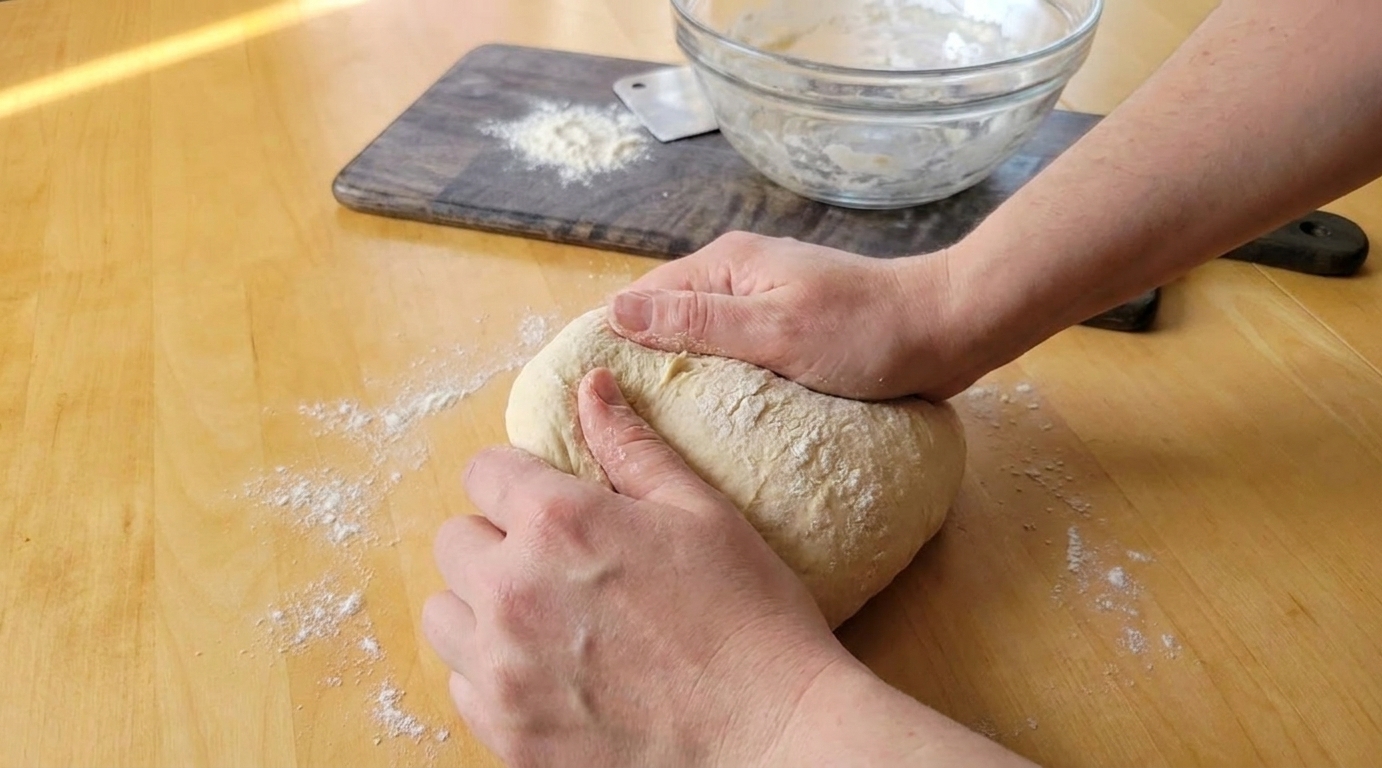 Hands kneading bread dough on a lightly floured countertop