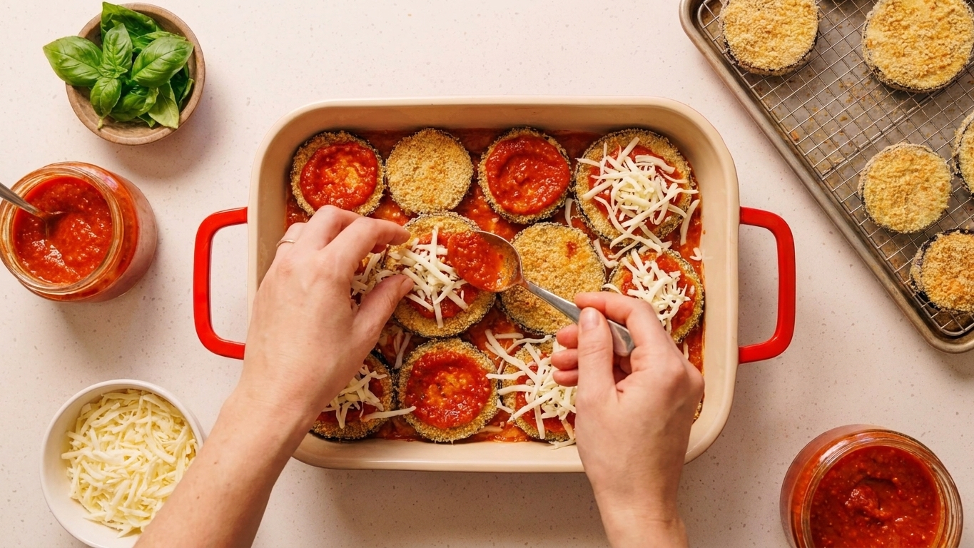 Hands layering crispy baked eggplant slices with marinara and shredded mozzarella in a glass baking dish on a kitchen counter