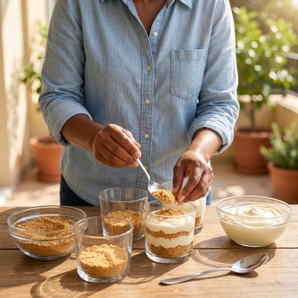 Hands layering graham cracker crumbs and cheesecake filling into small dessert cups