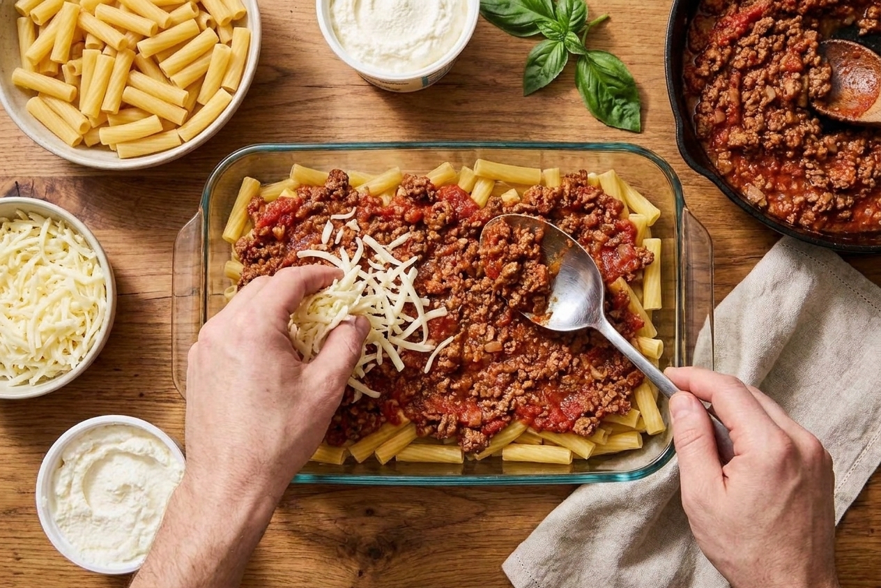 Hands layering pasta and sauce into a glass baking dish on a kitchen counter