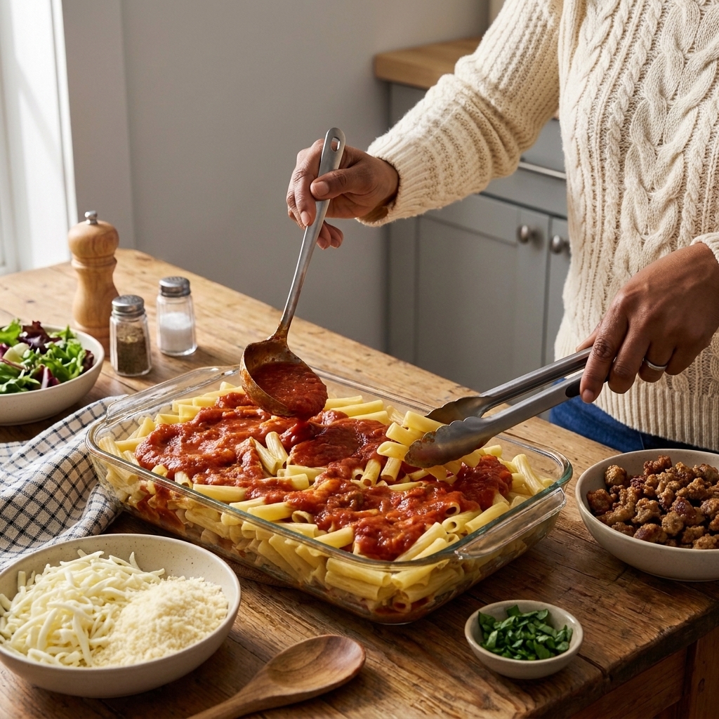Hands layering sauce and pasta in a baking dish on a kitchen counter with bowls of cheese and cooked meat nearby