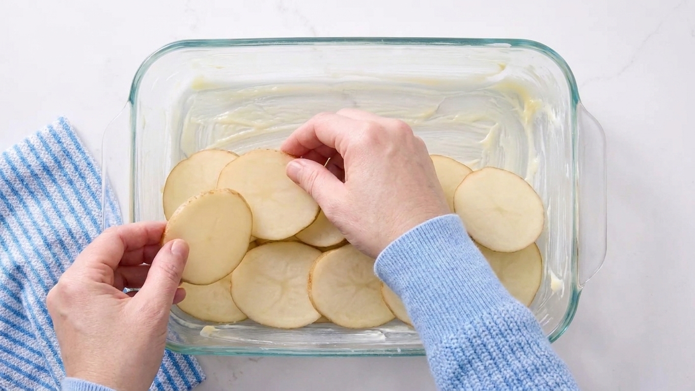 Hands layering sliced potatoes into a buttered glass baking dish on a kitchen counter