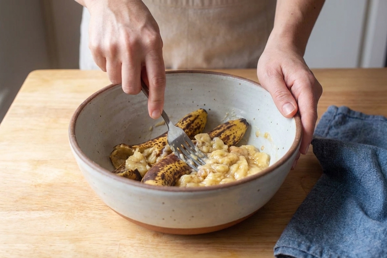 Hands mashing very ripe bananas with a fork in a large mixing bowl on a kitchen counter