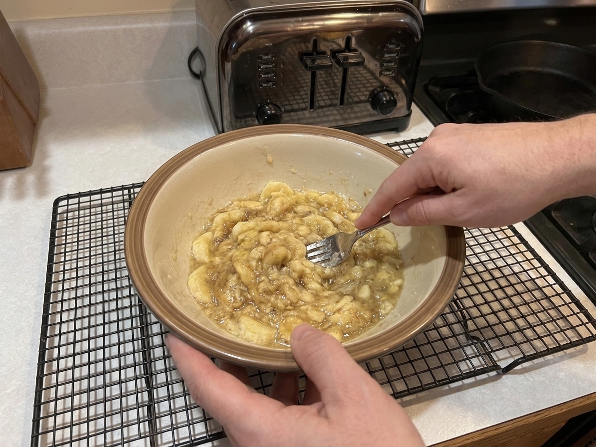Hands mashing very ripe bananas with a fork in a large mixing bowl on a kitchen counter