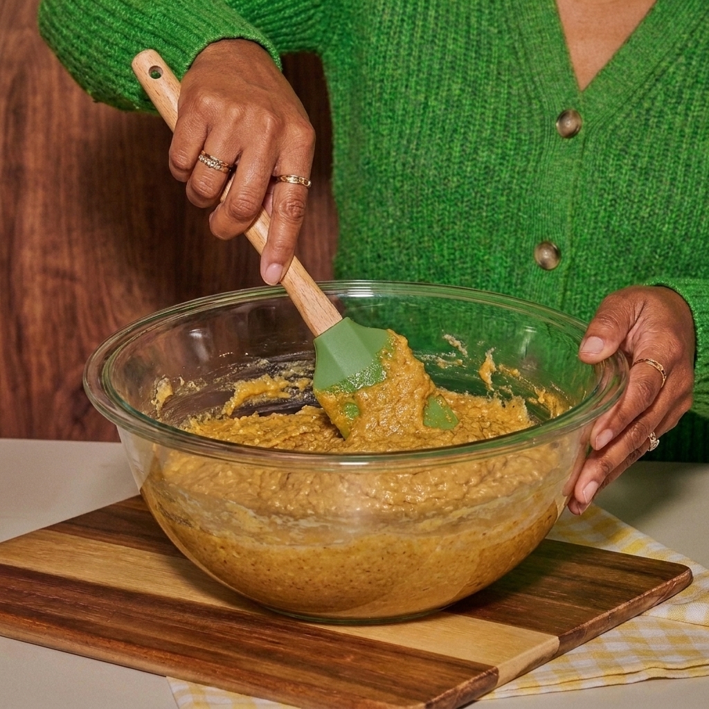 Hands mixing a thick keto baking batter in a glass bowl with a silicone spatula