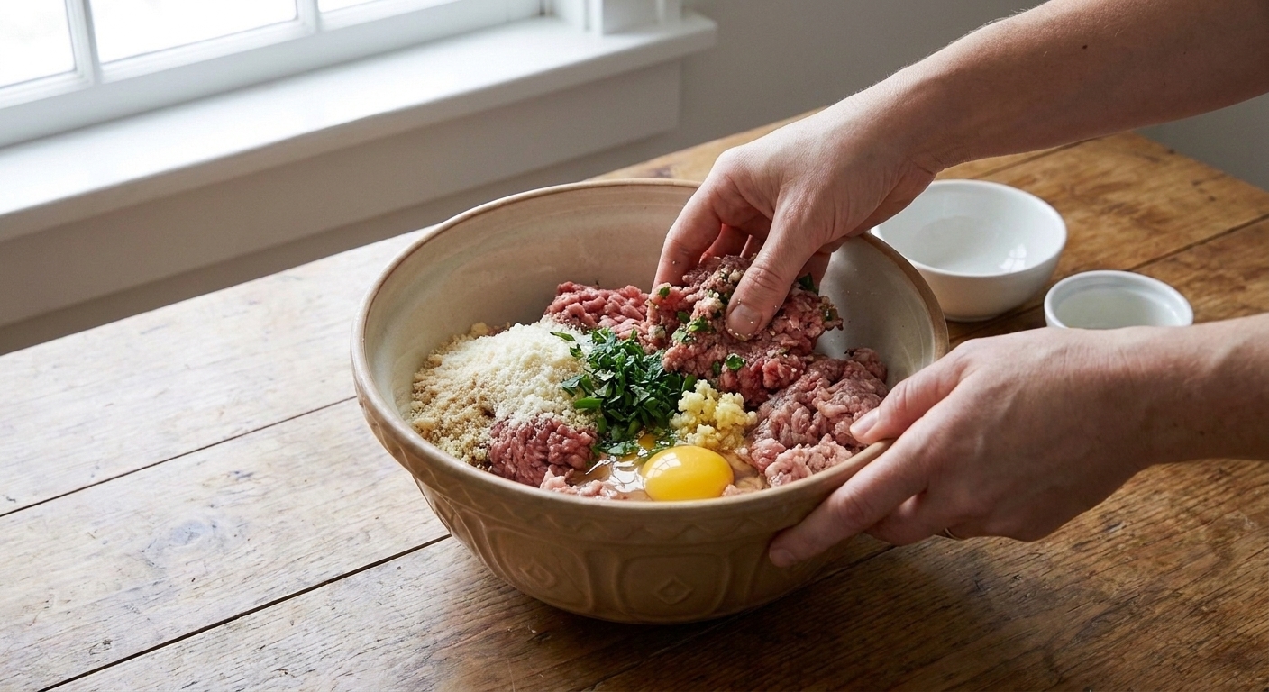 Hands mixing ground meat with soaked breadcrumbs, egg, parmesan, minced garlic, and herbs in a large bowl