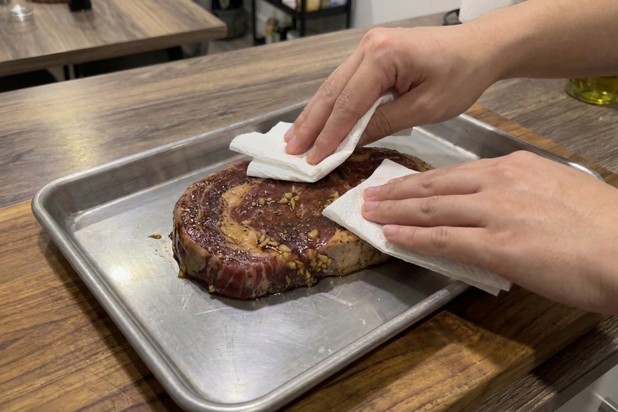 Hands patting a marinated steak dry with paper towels on a rimmed baking sheet before cooking