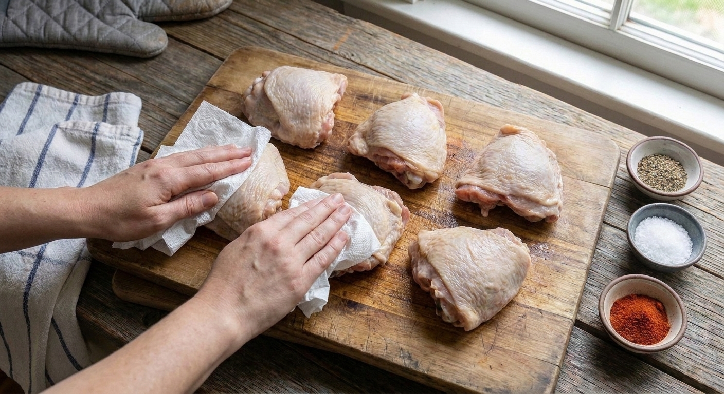 Hands patting bone-in skin-on chicken thighs dry with paper towels on a cutting board