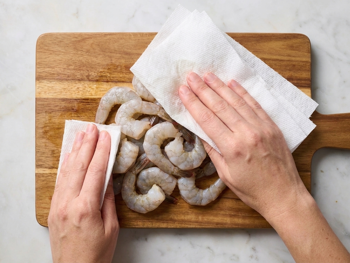 Hands patting peeled shrimp dry with paper towels on a cutting board