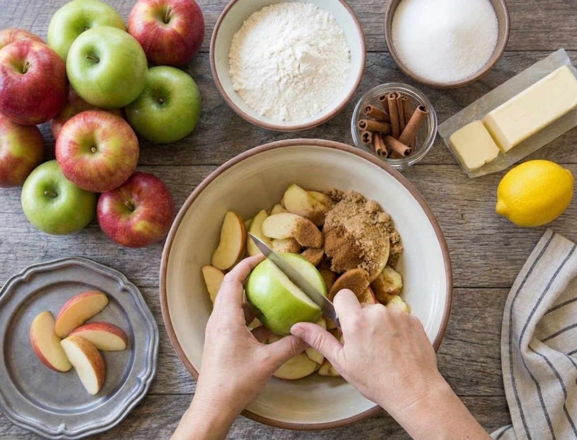 Hands peeling and slicing apples over a large mixing bowl on a kitchen counter