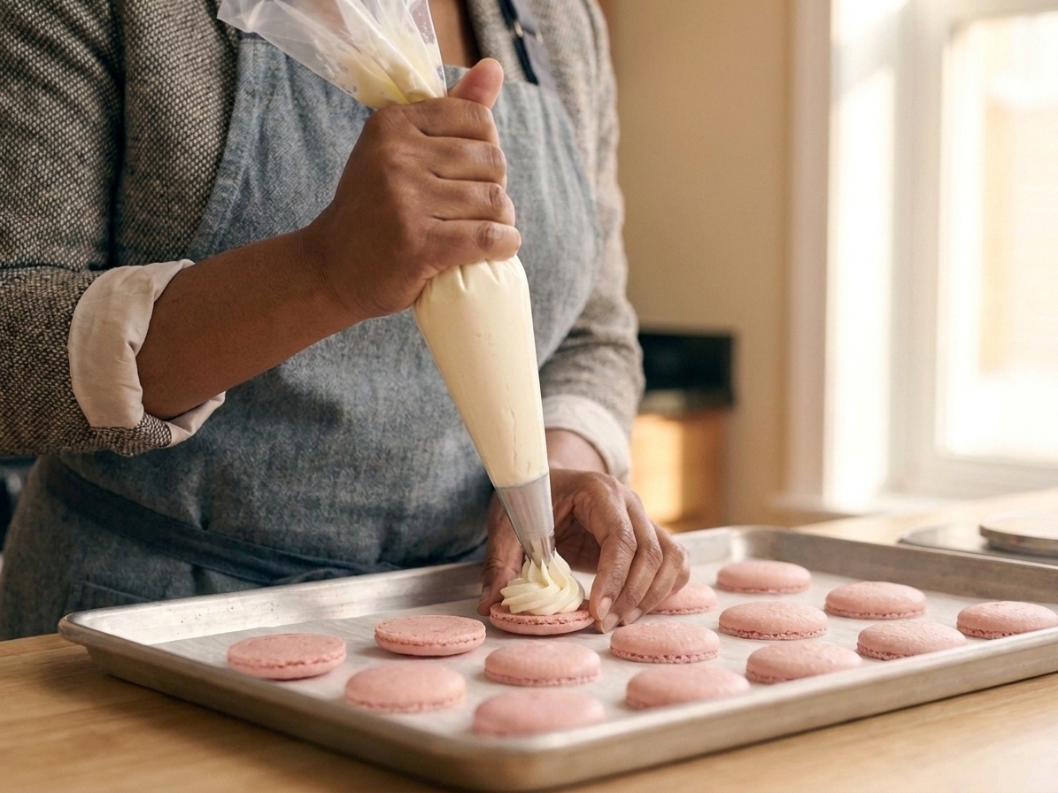 Hands piping buttercream onto a macaron shell with matching shells lined up on a baking sheet