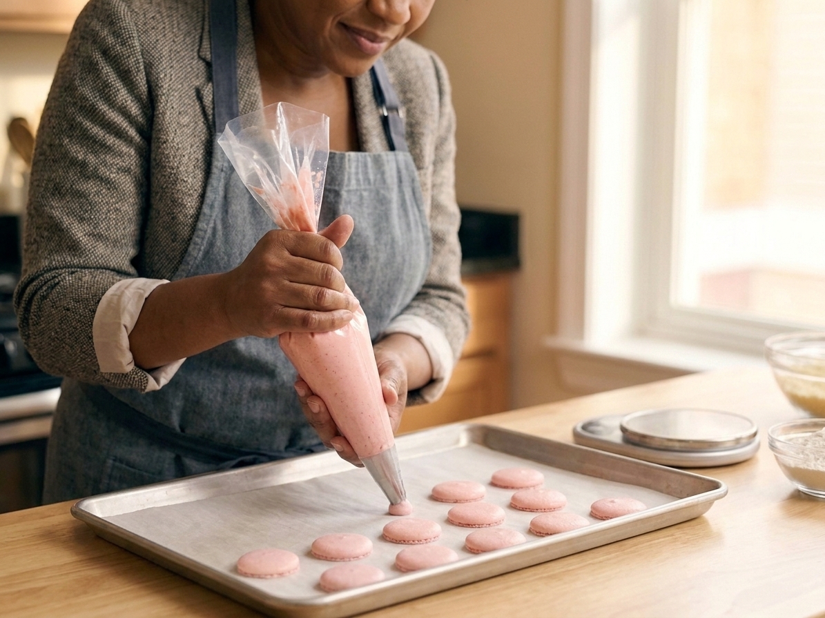 Hands piping macaron batter into even circles on a parchment-lined baking sheet