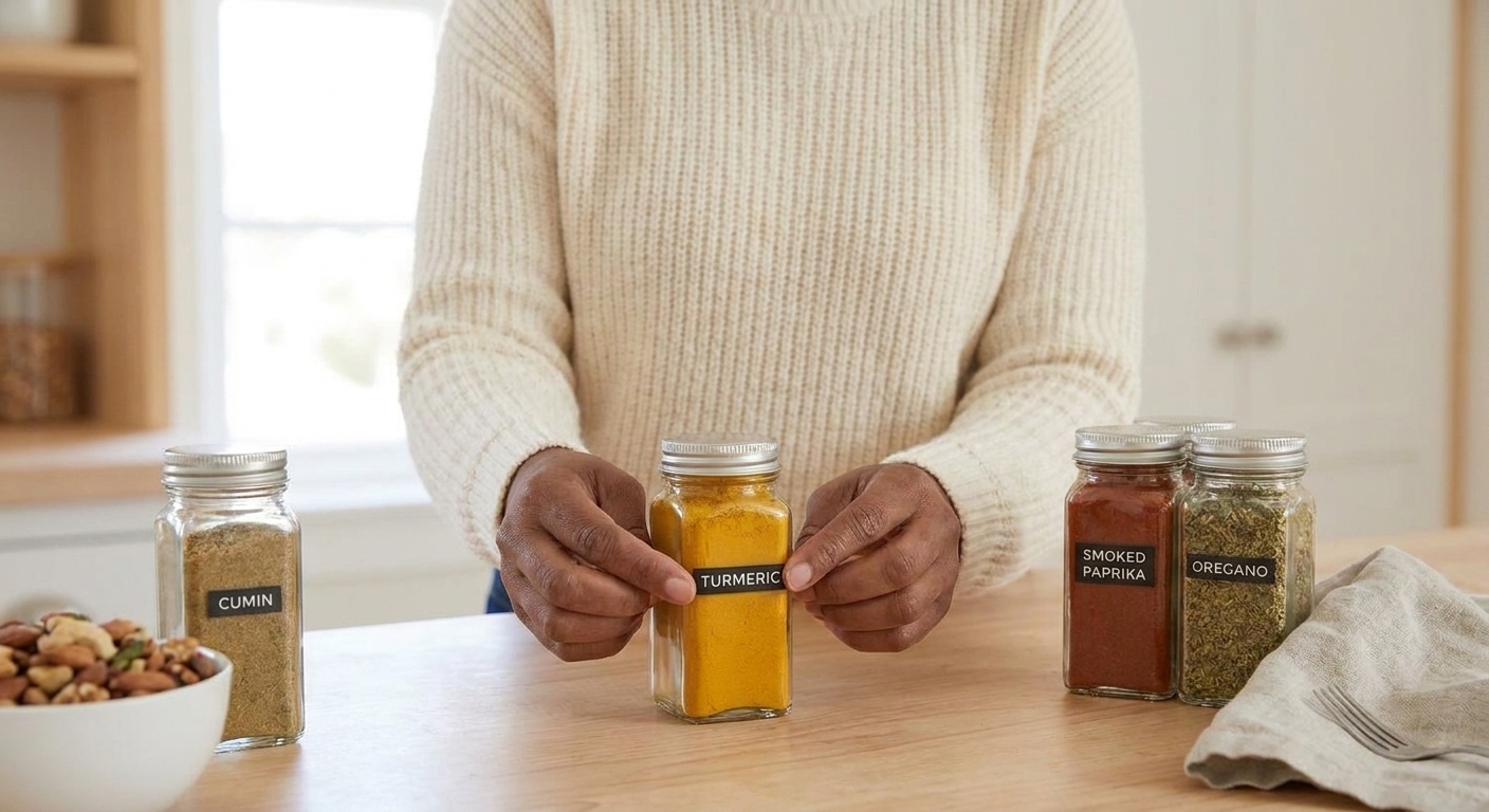 Hands placing a label on a glass jar of spices on a counter with other jars nearby