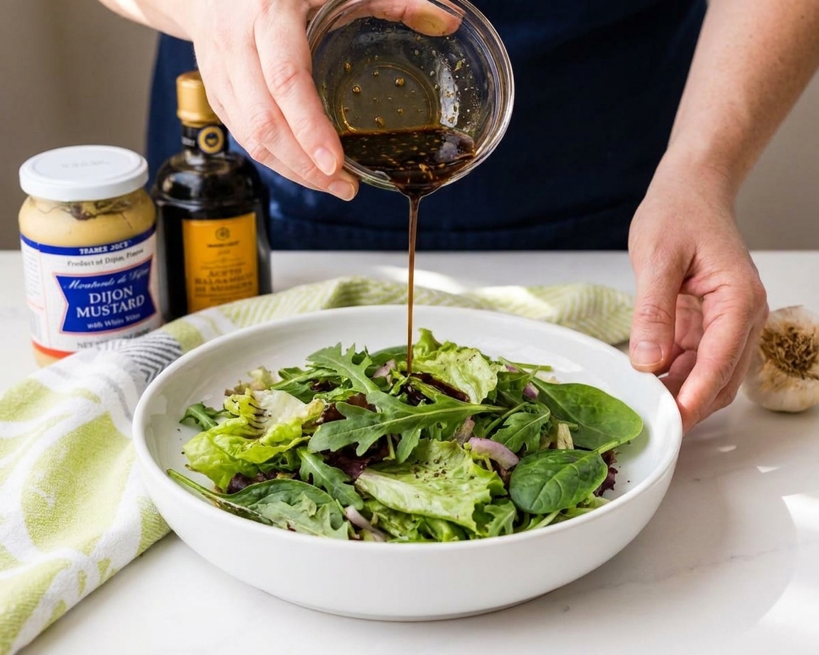 Hands pouring a thin stream of balsamic vinaigrette onto a bowl of salad greens on a kitchen counter