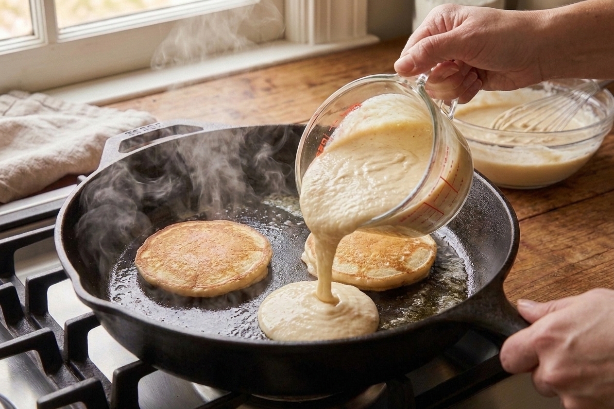Hands pouring pancake batter from a measuring cup onto a warm griddle with steam rising