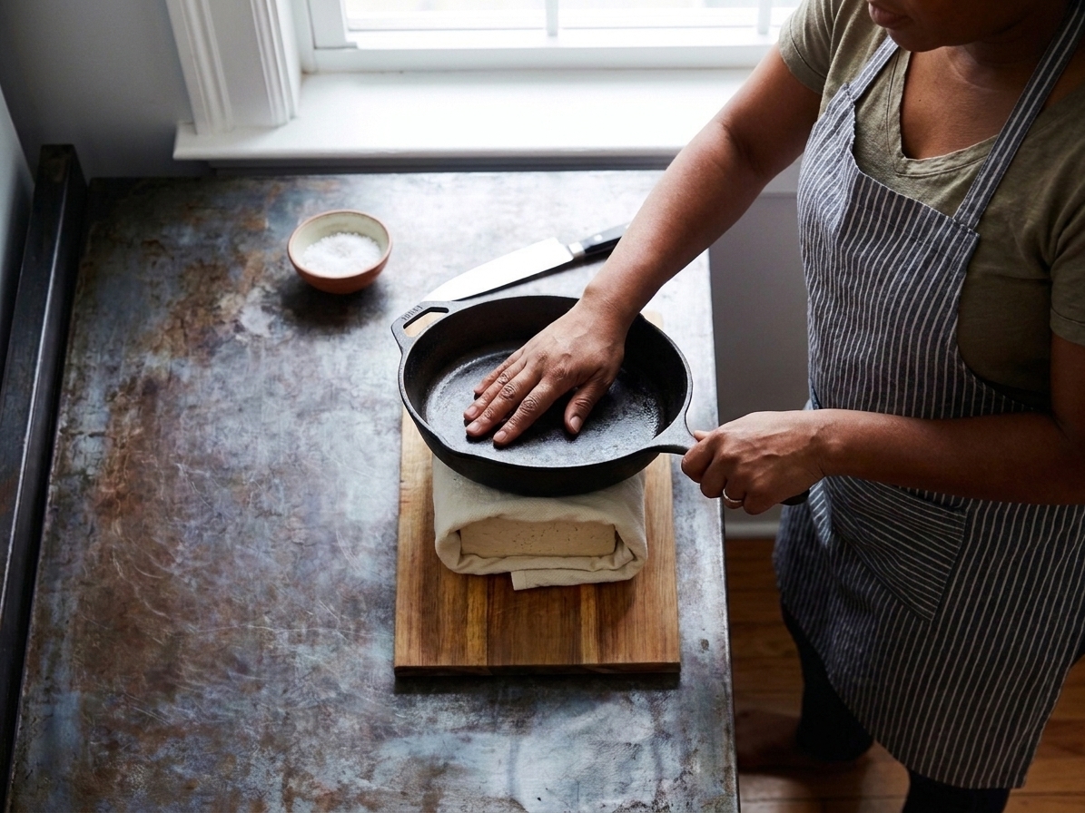 Hands pressing a block of tofu wrapped in a towel with a heavy pan on top on a kitchen counter