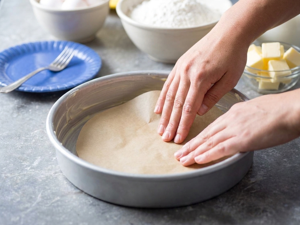 Hands pressing a round of parchment paper into the bottom of a buttered cake pan on a kitchen counter