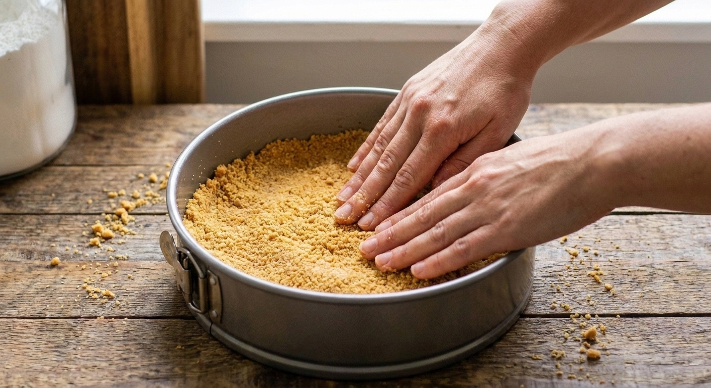 Hands pressing buttery graham cracker crumbs into the bottom of a springform pan on a kitchen counter