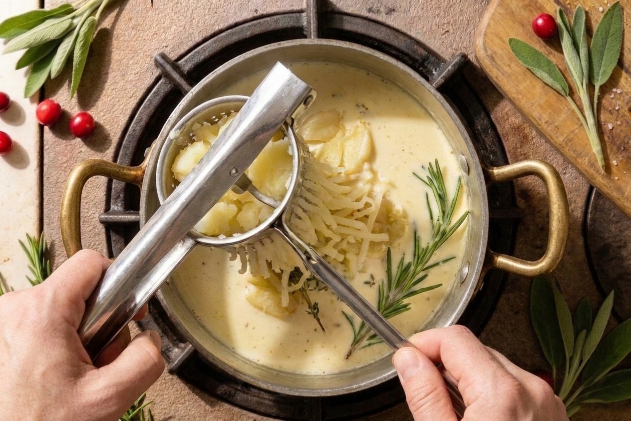 Hands pressing hot cooked potatoes through a potato ricer into a pot, creating fluffy strands