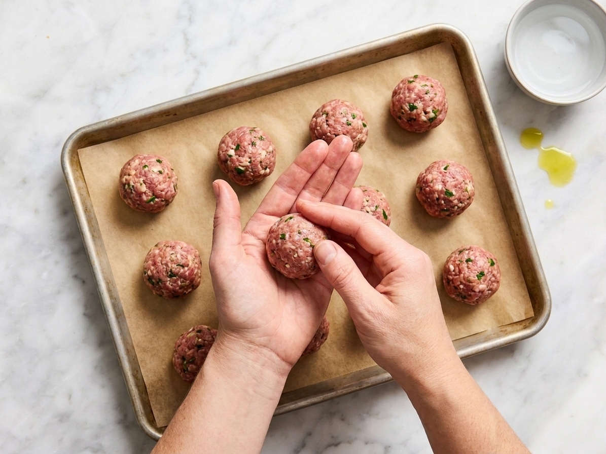 Hands rolling a portion of meatball mixture into a smooth ball over a parchment-lined baking sheet