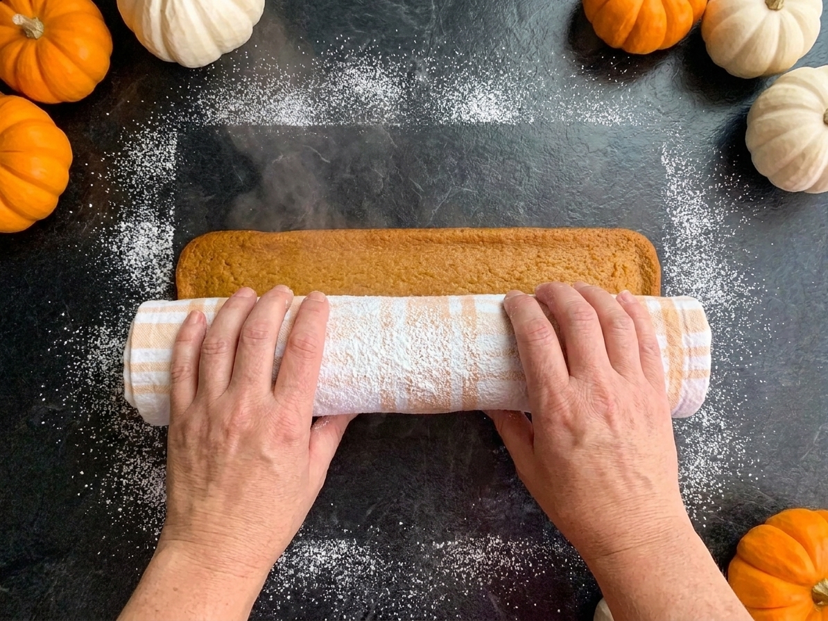 Hands rolling a warm pumpkin sheet cake up tightly in a powdered sugar dusted kitchen towel on a countertop