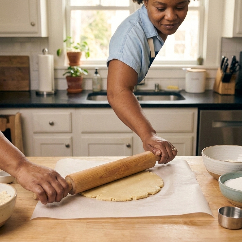 Hands rolling gluten-free pie dough between two sheets of parchment paper on a countertop