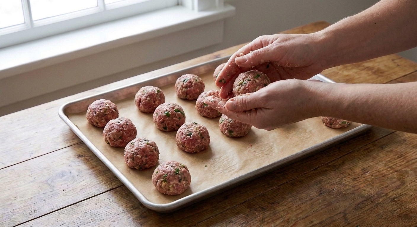 Hands rolling meatball mixture into evenly sized balls over a parchment-lined baking sheet
