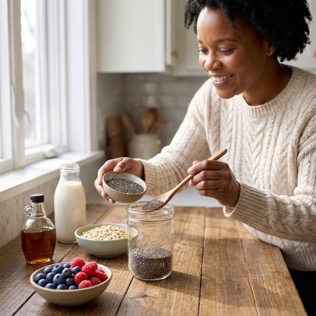 Hands scooping chia seeds into mason jars on a kitchen counter with berries and oats nearby