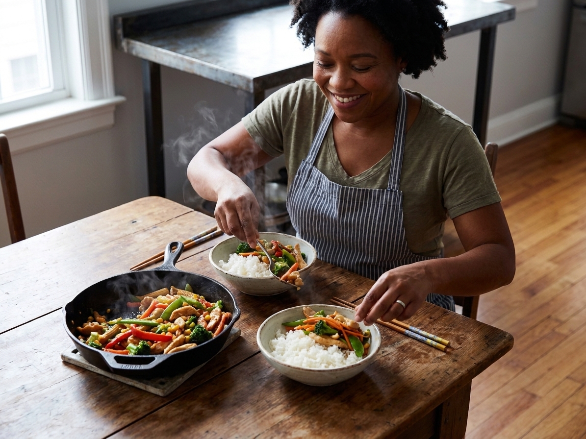 Hands serving a fresh stir-fry from a skillet onto plates at a cozy dinner table with rice and chopsticks