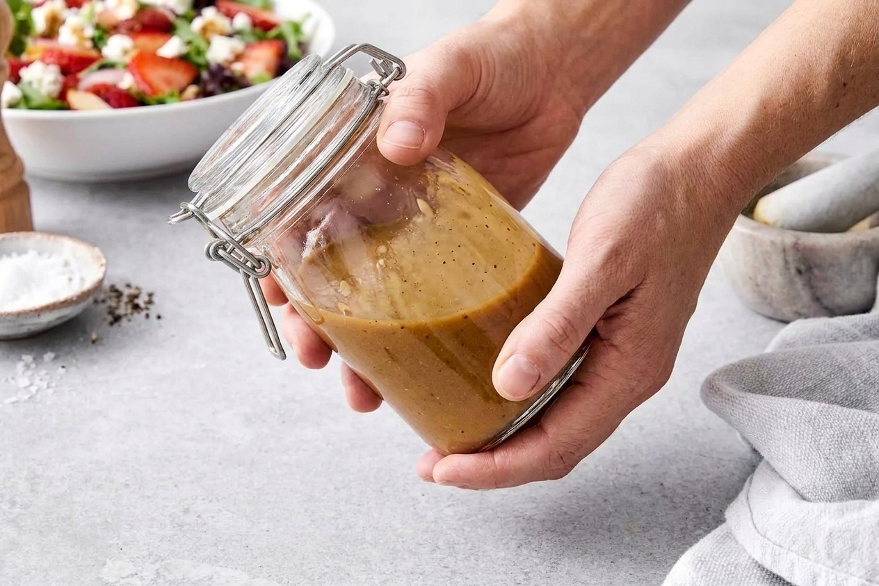 Hands shaking a sealed mason jar of balsamic vinaigrette over a kitchen counter