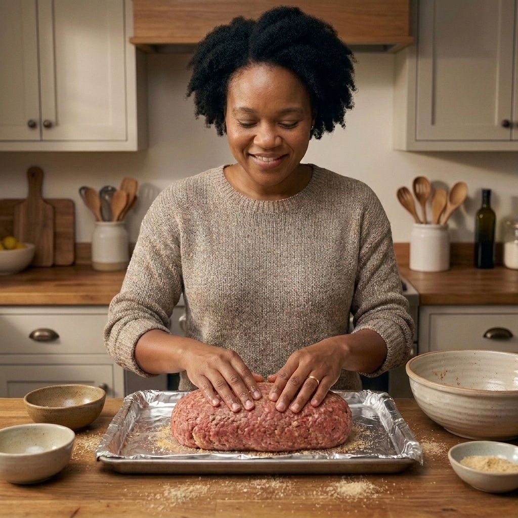 Hands shaping a raw meatloaf into an even oval on a foil-lined baking sheet